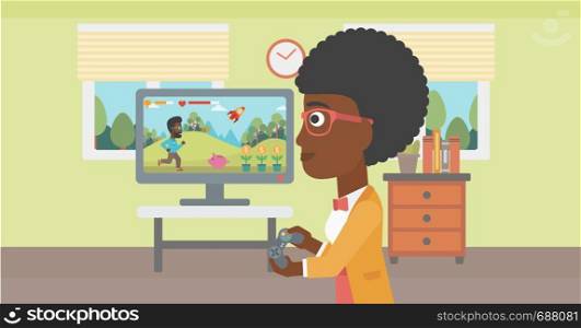 An african-american woman playing video game with gamepad in hands in living room vector flat design illustration. Horizontal layout.. Woman playing video game.
