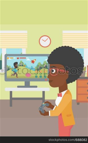 An african-american woman playing video game with gamepad in hands in living room vector flat design illustration. Vertical layout.. Woman playing video game.