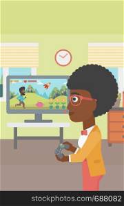 An african-american woman playing video game with gamepad in hands in living room vector flat design illustration. Vertical layout.. Woman playing video game.