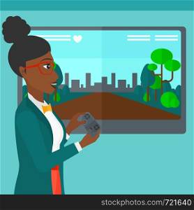 An african-american woman playing video game with gamepad in hands vector flat design illustration. Square layout.. Woman playing video game.