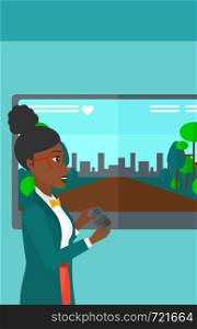An african-american woman playing video game with gamepad in hands vector flat design illustration. Vertical layout.. Woman playing video game.