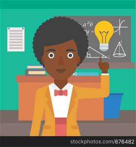 An african-american woman pointing a finger at the light bulb on the background of classroom vector flat design illustration. Square layout.. Woman pointing at light bulb.