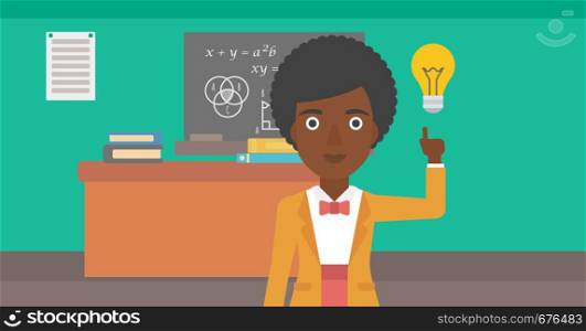 An african-american woman pointing a finger at the light bulb on the background of classroom vector flat design illustration. Horizontal layout.. Woman pointing at light bulb.
