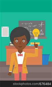 An african-american woman pointing a finger at the light bulb on the background of classroom vector flat design illustration. Vertical layout.. Woman pointing at light bulb.
