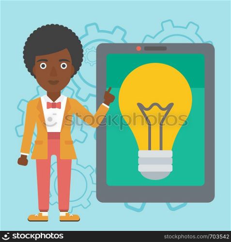 An african-american woman pointing at a big tablet computer. Woman standing near a big tablet computer with a light bulb on a screen. Vector flat design illustration. Square layout.. Woman pointing at big tablet computer.