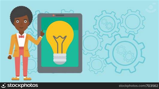 An african-american woman pointing at a big tablet computer. Woman standing near a big tablet computer with a light bulb on a screen. Vector flat design illustration. Horizontal layout.. Woman pointing at big tablet computer.