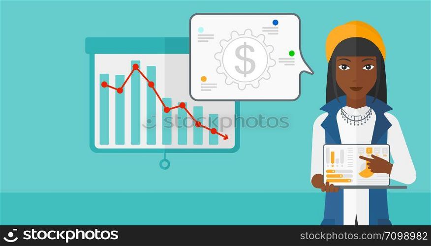An african-american woman pointing at the laptop with some charts on the background of projector roller screen with decreasing chart vector flat design illustration. Horizontal layout.. Woman presenting report.