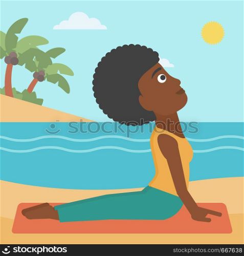 An african-american woman practicing yoga upward dog pose on the beach vector flat design illustration. Square layout.. Woman practicing yoga.