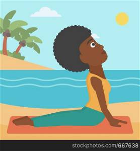 An african-american woman practicing yoga upward dog pose on the beach vector flat design illustration. Square layout.. Woman practicing yoga.