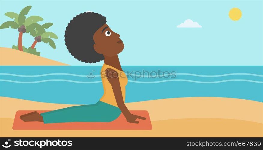 An african-american woman practicing yoga upward dog pose on the beach vector flat design illustration. Horizontal layout.. Woman practicing yoga.