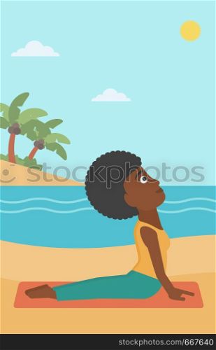 An african-american woman practicing yoga upward dog pose on the beach vector flat design illustration. Vertical layout.. Woman practicing yoga.