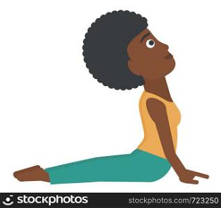 An african-american woman practicing yoga upward dog pose vector flat design illustration isolated on white background.. Woman practicing yoga.