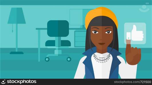 An african-american woman pressing like button on the background of apartment vector flat design illustration. Horizontal layout.. Woman pressing like button.