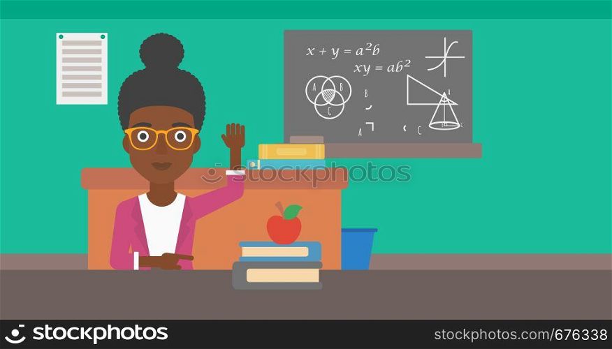 An african-american woman raising her hand while sitting at the table on the background of classroom vector flat design illustration. Horizontal layout.. Woman raising her hand.
