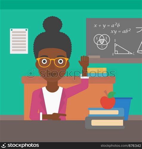 An african-american woman raising her hand while sitting at the table on the background of classroom vector flat design illustration. Square layout.. Woman raising her hand.