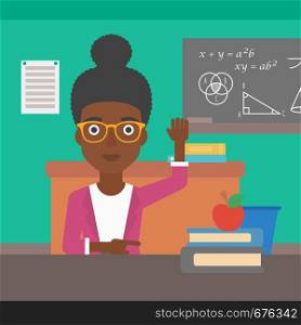 An african-american woman raising her hand while sitting at the table on the background of classroom vector flat design illustration. Square layout.. Woman raising her hand.