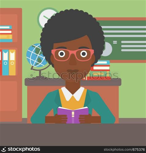 An african-american woman reading a book on the background of classroom vector flat design illustration. Square layout.. Woman reading book.