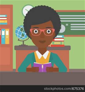 An african-american woman reading a book on the background of classroom vector flat design illustration. Square layout.. Woman reading book.