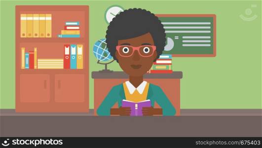 An african-american woman reading a book on the background of classroom vector flat design illustration. Horizontal layout.. Woman reading book.
