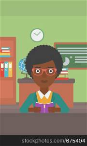 An african-american woman reading a book on the background of classroom vector flat design illustration. Vertical layout.. Woman reading book.