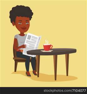 An african-american woman reading newspaper in a cafe. Woman reading the news in newspaper. Woman sitting with newspaper in hands and drinking coffee. Vector flat design illustration. Square layout.. Woman reading newspaper and drinking coffee.