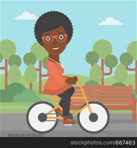 An african-american woman riding a bicycle in the park vector flat design illustration. Square layout.. Woman riding bicycle.