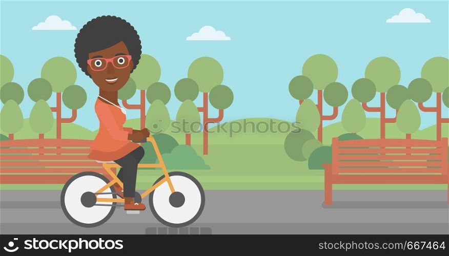 An african-american woman riding a bicycle in the park vector flat design illustration. Horizontal layout.. Woman riding bicycle.