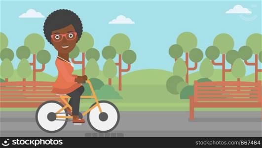 An african-american woman riding a bicycle in the park vector flat design illustration. Horizontal layout.. Woman riding bicycle.