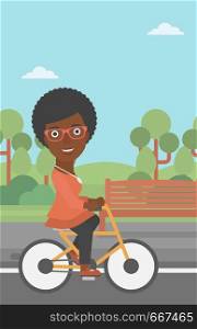 An african-american woman riding a bicycle in the park vector flat design illustration. Vertical layout.. Woman riding bicycle.