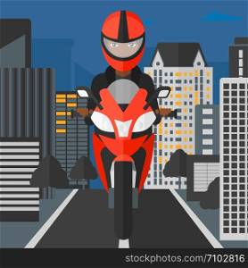 An african-american woman riding a motorcycle on the background of night city vector flat design illustration. Square layout.. Woman riding motorcycle.