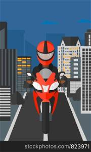An african-american woman riding a motorcycle on the background of night city vector flat design illustration. Vertical layout.. Woman riding motorcycle.