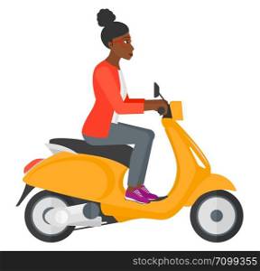 An african-american woman riding a scooter vector flat design illustration isolated on white background.. Woman riding scooter.