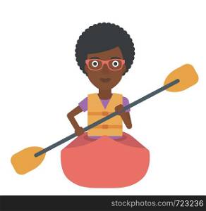 An african-american woman riding in a canoe vector flat design illustration isolated on white background.. Woman riding in canoe.