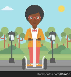 An african-american woman riding on electric scooter in the park vector flat design illustration. Square layout.. Woman riding on electric scooter.