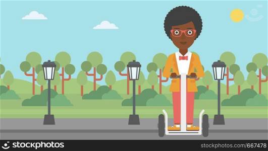 An african-american woman riding on electric scooter in the park vector flat design illustration. Horizontal layout.. Woman riding on electric scooter.
