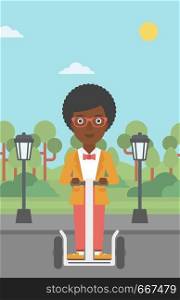 An african-american woman riding on electric scooter in the park vector flat design illustration. Vertical layout.. Woman riding on electric scooter.