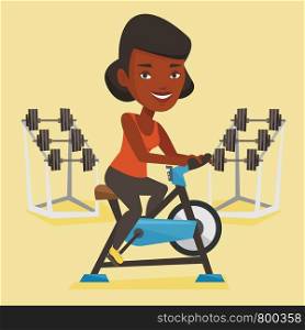 An african-american woman riding stationary bicycle in the gym. Woman exercising on stationary training bicycle. Woman training on exercise bicycle. Vector flat design illustration. Square layout.. Young woman riding stationary bicycle.