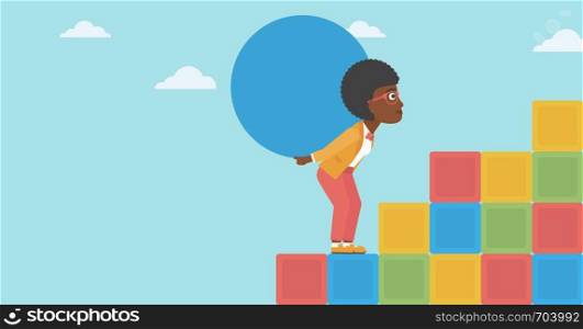 An african-american woman rising up on the colored cubes and carrying a big stone on her back. Woman with huge concrete ball going up. Vector flat design illustration. Horizontal layout.. Woman carrying concrete ball uphill.