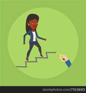 An african-american woman running up the career ladder drawn by hand with pencil. Business woman climbing the career ladder. Concept of business career. Vector flat design illustration. Square layout. Business woman running up the career ladder.