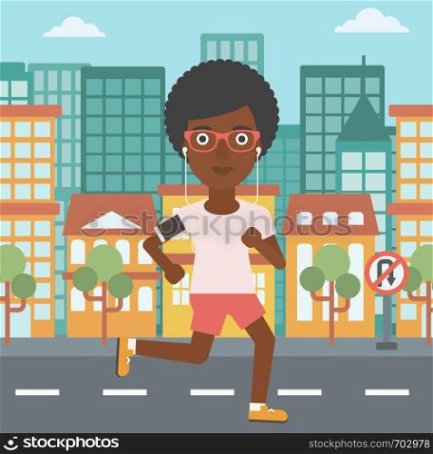 An african-american woman running with earphones and armband for smartphone. Woman listening to music during running. Woman running in the city. Vector flat design illustration. Square layout.. Woman running with earphones and smartphone.
