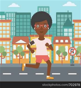 An african-american woman running with earphones and armband for smartphone. Woman listening to music during running. Woman running in the city. Vector flat design illustration. Square layout.. Woman running with earphones and smartphone.