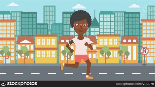 An african-american woman running with earphones and armband for smartphone. Woman listening to music during running. Woman running in the city. Vector flat design illustration. Horizontal layout.. Woman running with earphones and smartphone.