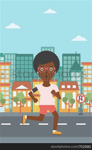 An african-american woman running with earphones and armband for smartphone. Woman listening to music during running. Woman running in the city. Vector flat design illustration. Vertical layout.. Woman running with earphones and smartphone.