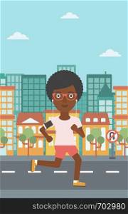 An african-american woman running with earphones and armband for smartphone. Woman listening to music during running. Woman running in the city. Vector flat design illustration. Vertical layout.. Woman running with earphones and smartphone.
