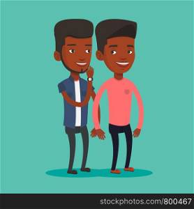 An african-american woman shielding her mouth and whispering a gossip to her friend. Two happy women sharing gossips. Smiling friends discussing gossips. Vector flat design illustration. Square layout. One man whispering to another gossip.