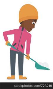 An african-american woman shoveling and removing snow vector flat design illustration isolated on white background.. Woman shoveling and removing snow.