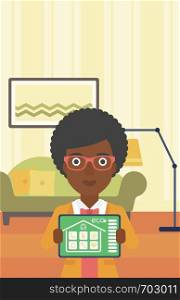 An african-american woman showing a tablet computer with smart home application on a screen on the background of living room. Vector flat design illustration. Vertical layout.. Smart home automation vector illustration.