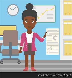 An african-american woman showing her business presentation with some text and charts. Woman giving a business presentation in the office. Vector flat design illustration. Square layout.. Woman making business presentation.