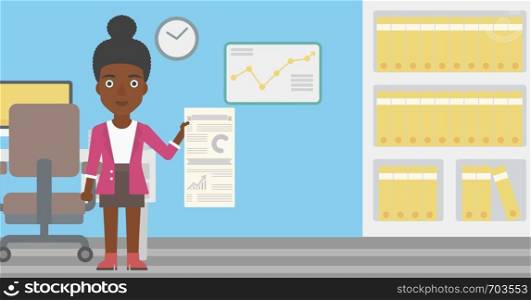 An african-american woman showing her business presentation with some text and charts. Woman giving a business presentation in the office. Vector flat design illustration. Horizontal layout.. Woman making business presentation.