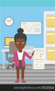An african-american woman showing her business presentation with some text and charts. Woman giving a business presentation in the office. Vector flat design illustration. Vertical layout.. Woman making business presentation.